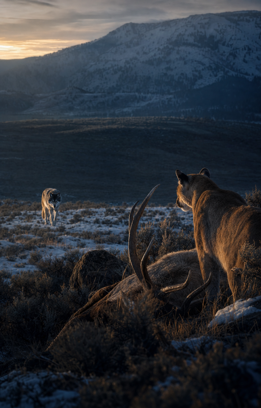 Editorial visualization of wolves and cougars linked by movement and evidence signals